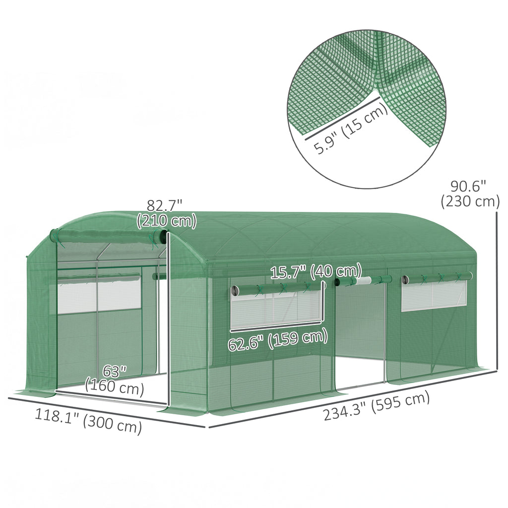 19.5' x 10' x 7.5' Tunnel Greenhouse with 3 Roll-Up Doors and Large Mesh Windows, Galvanized Steel Frame, Wind Resistant, Green