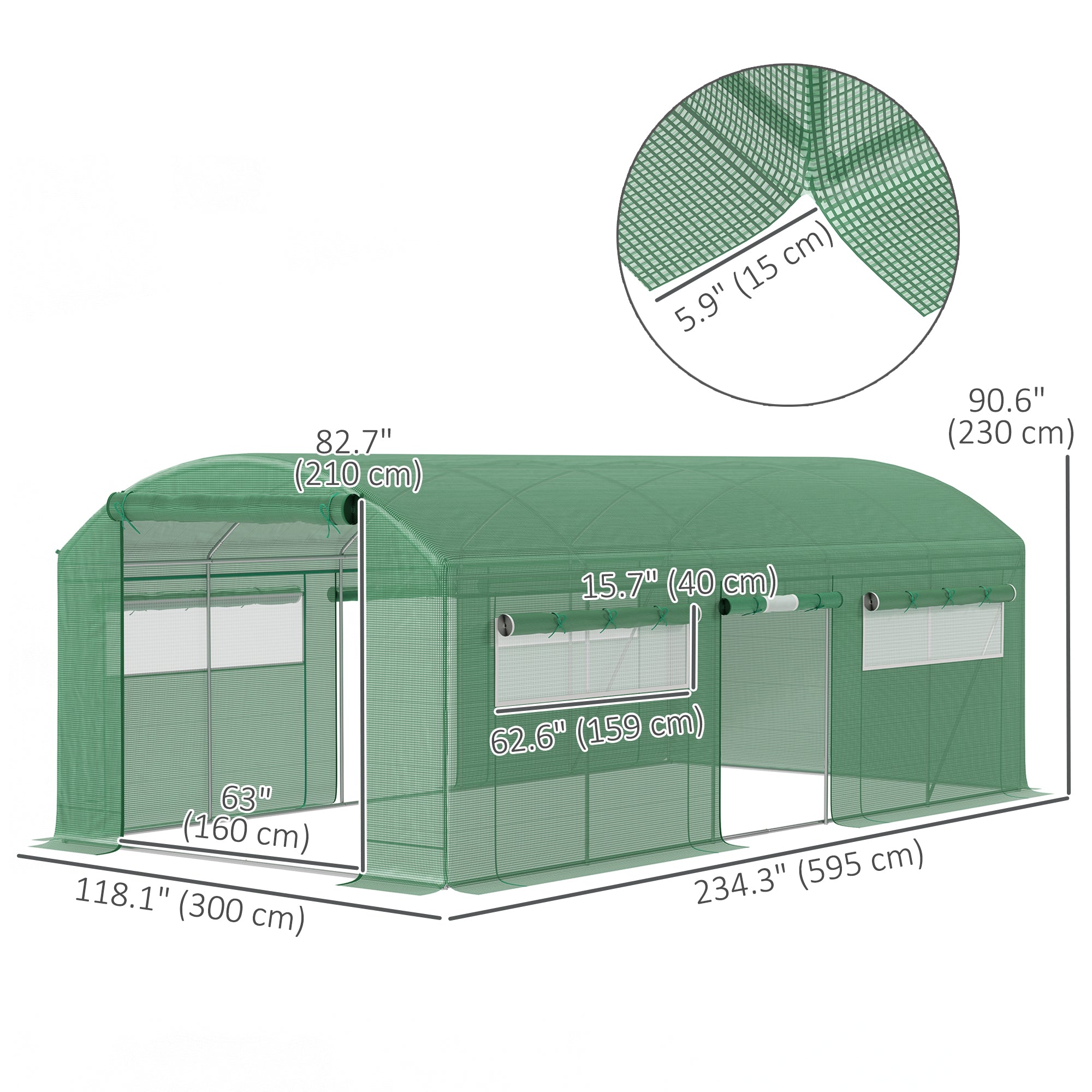 19.5' x 10' x 7.5' Tunnel Greenhouse with 3 Roll-Up Doors and Large Mesh Windows, Galvanized Steel Frame, Wind Resistant, Green