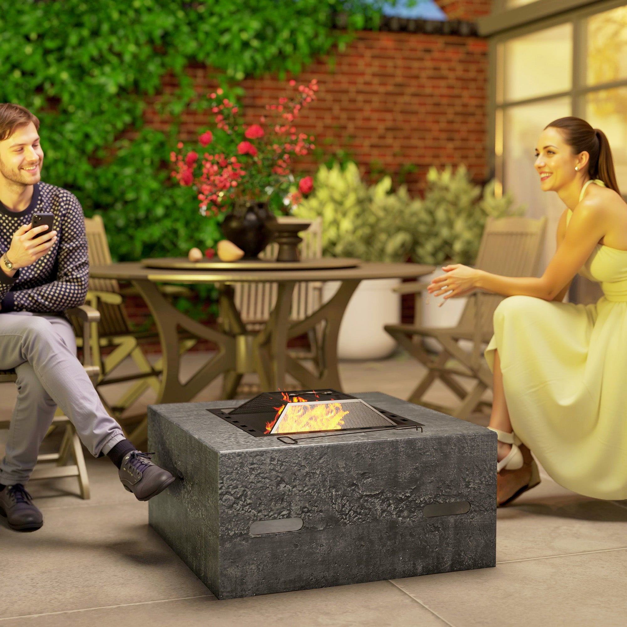 Fire Pit with Fire Poker, Wood Burning Firepit for Outside with Mesh Lid, Magnesium Oxide Stone Texture, Charcoal Grey