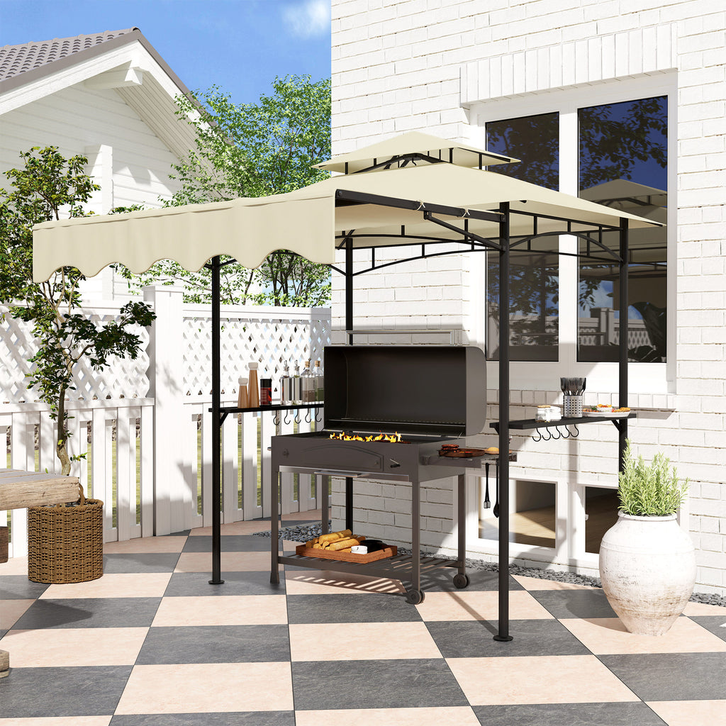 8' x 7.6' Grill Gazebo, Double Tiered Barbecue Grill Gazebo Shelter w/ Side Awning, 2 Side Shelves, 6 Hooks, Beige