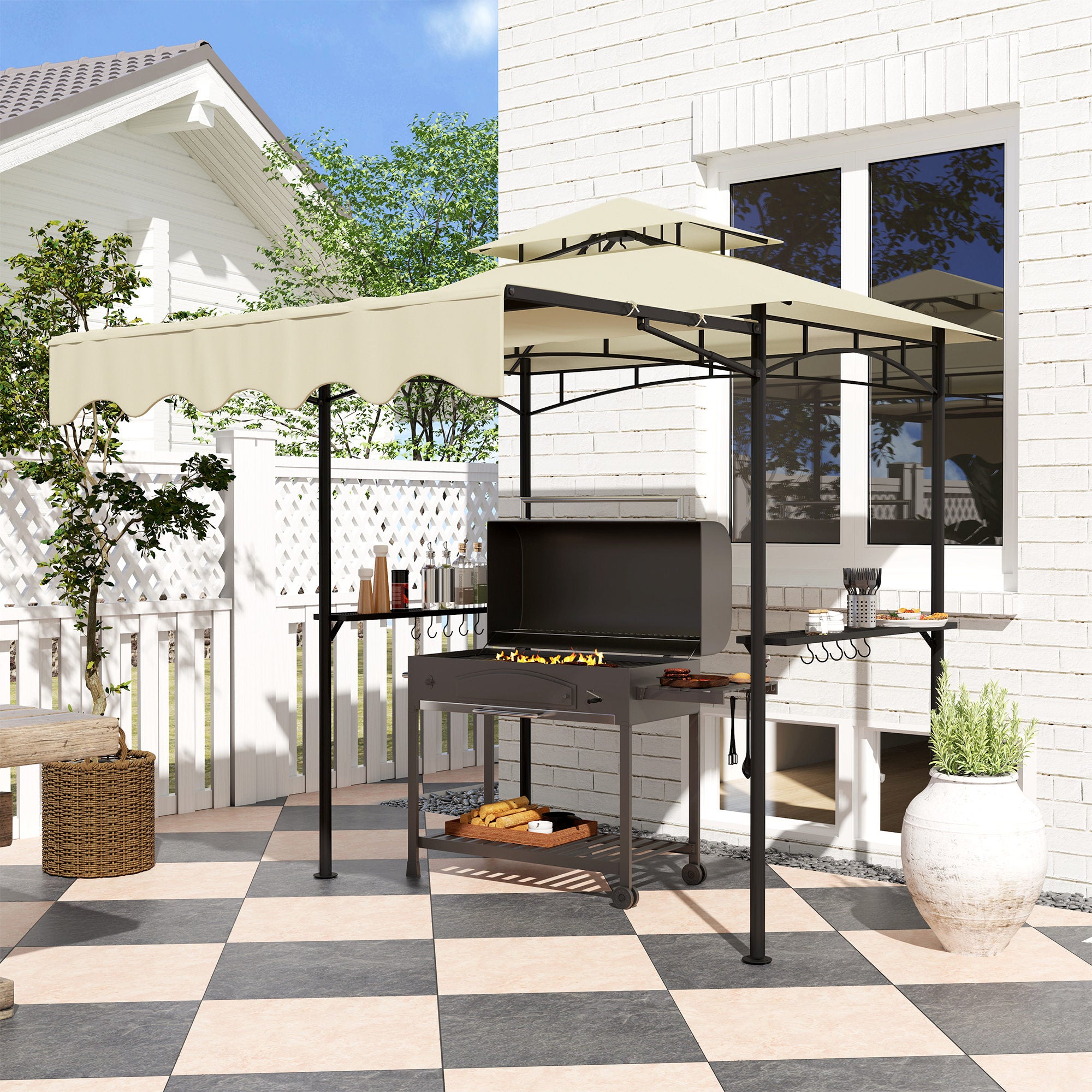 8' x 7.6' Grill Gazebo, Double Tiered Barbecue Grill Gazebo Shelter w/ Side Awning, 2 Side Shelves, 6 Hooks, Beige