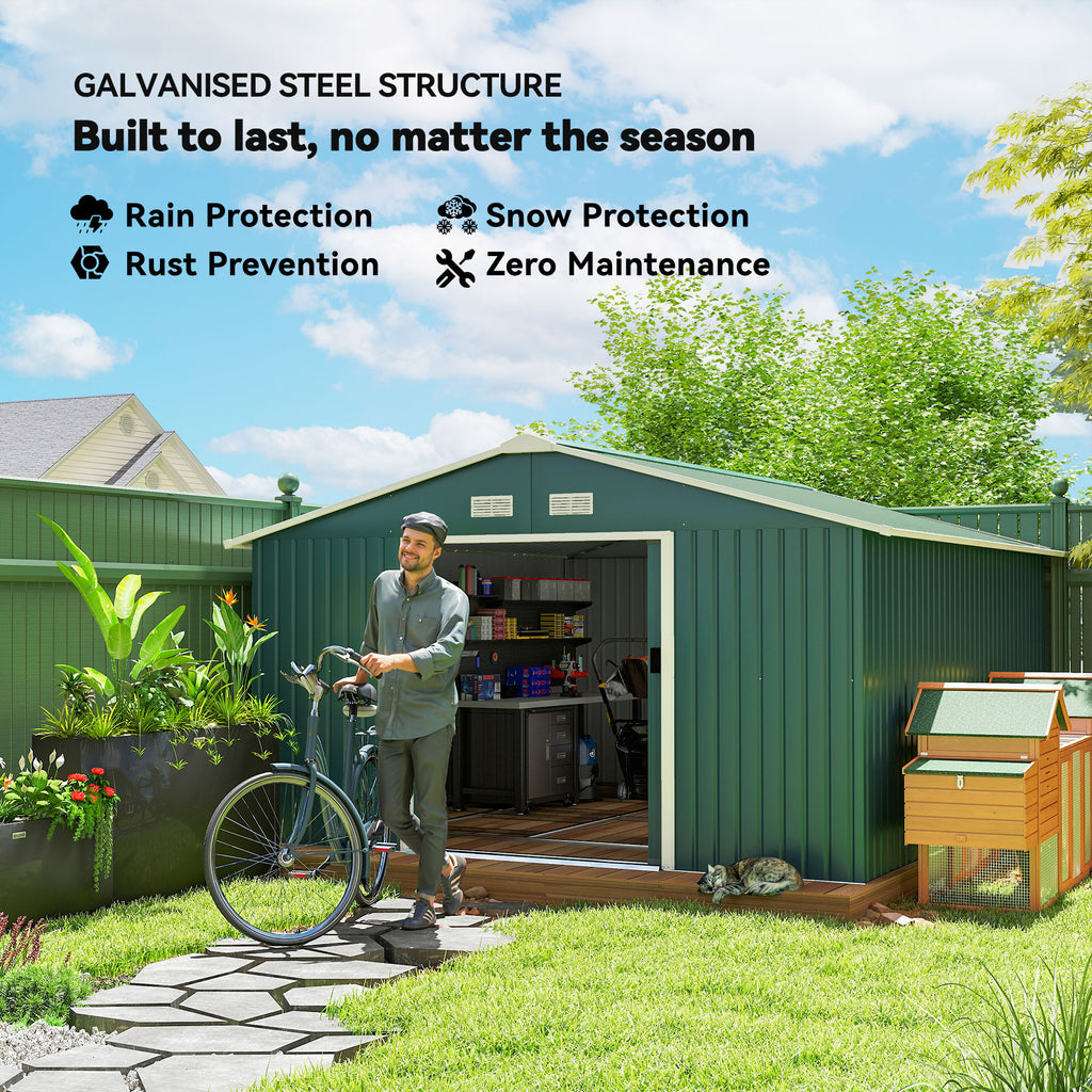11' x 13' Practical Backyard Garden Storage Tool Shed with Double Sliding Door Garden Tool Shed with 4 Ventilation Slots, Green