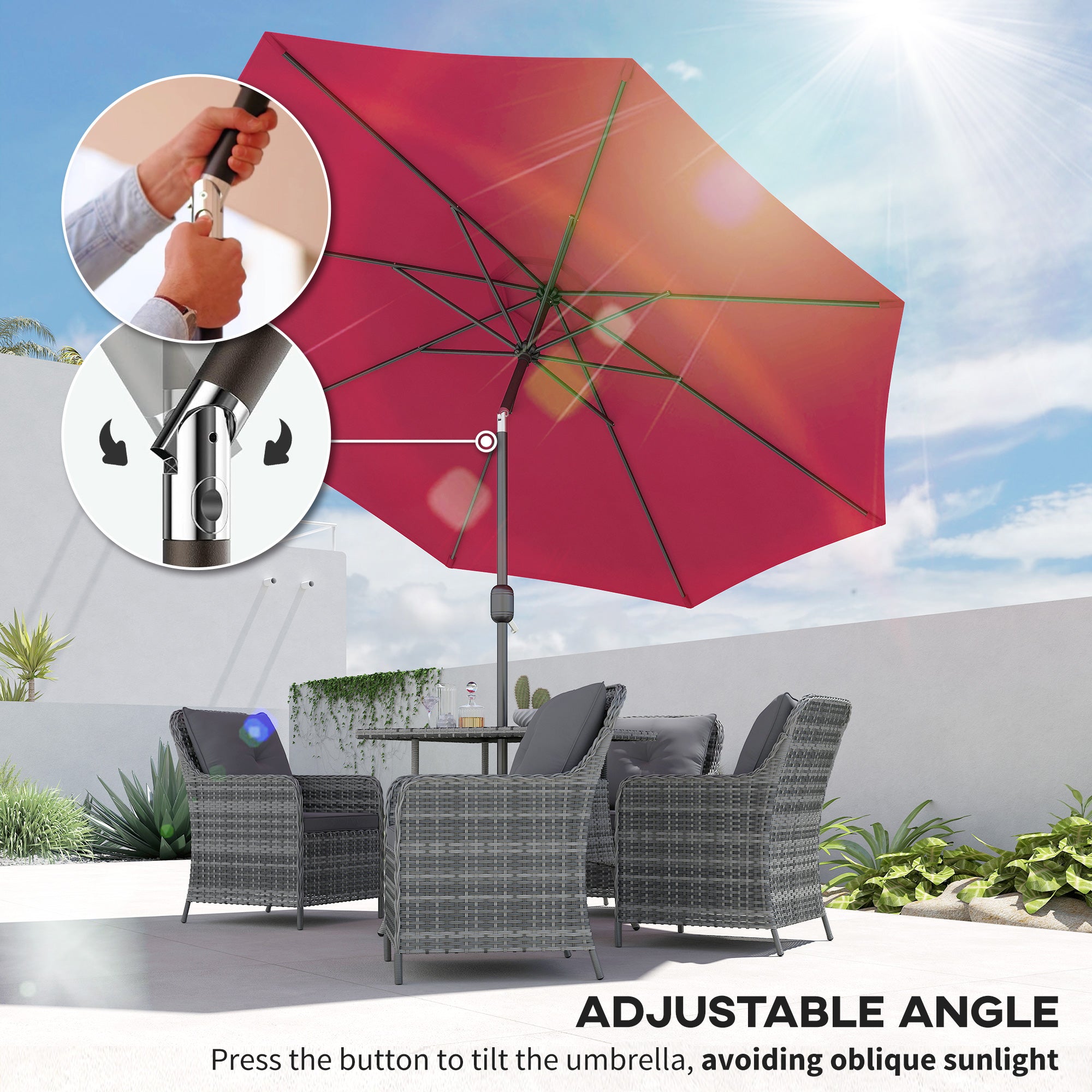 10' x 8' Round Market Umbrella, Patio Umbrella with Crank Handle and Tilt, Outdoor Parasol for Garden, Wine Red