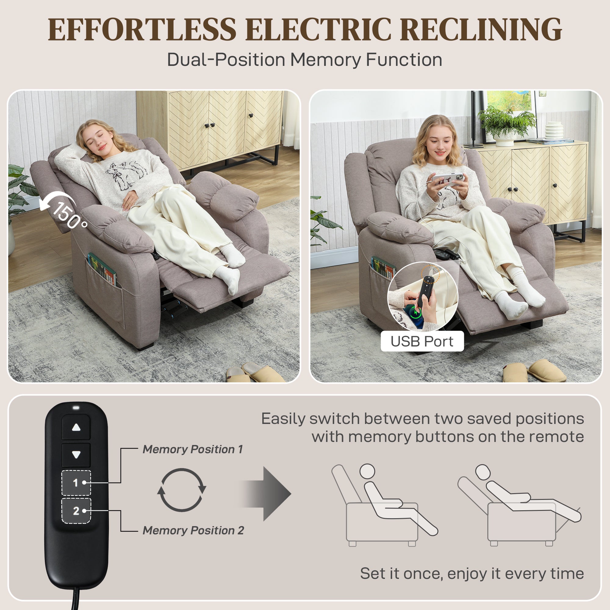 Massage Recliner Chair with Quiet Brushless Motor Pet-Friendly Fabric Power Recliner with 2 Memory Positions Brown