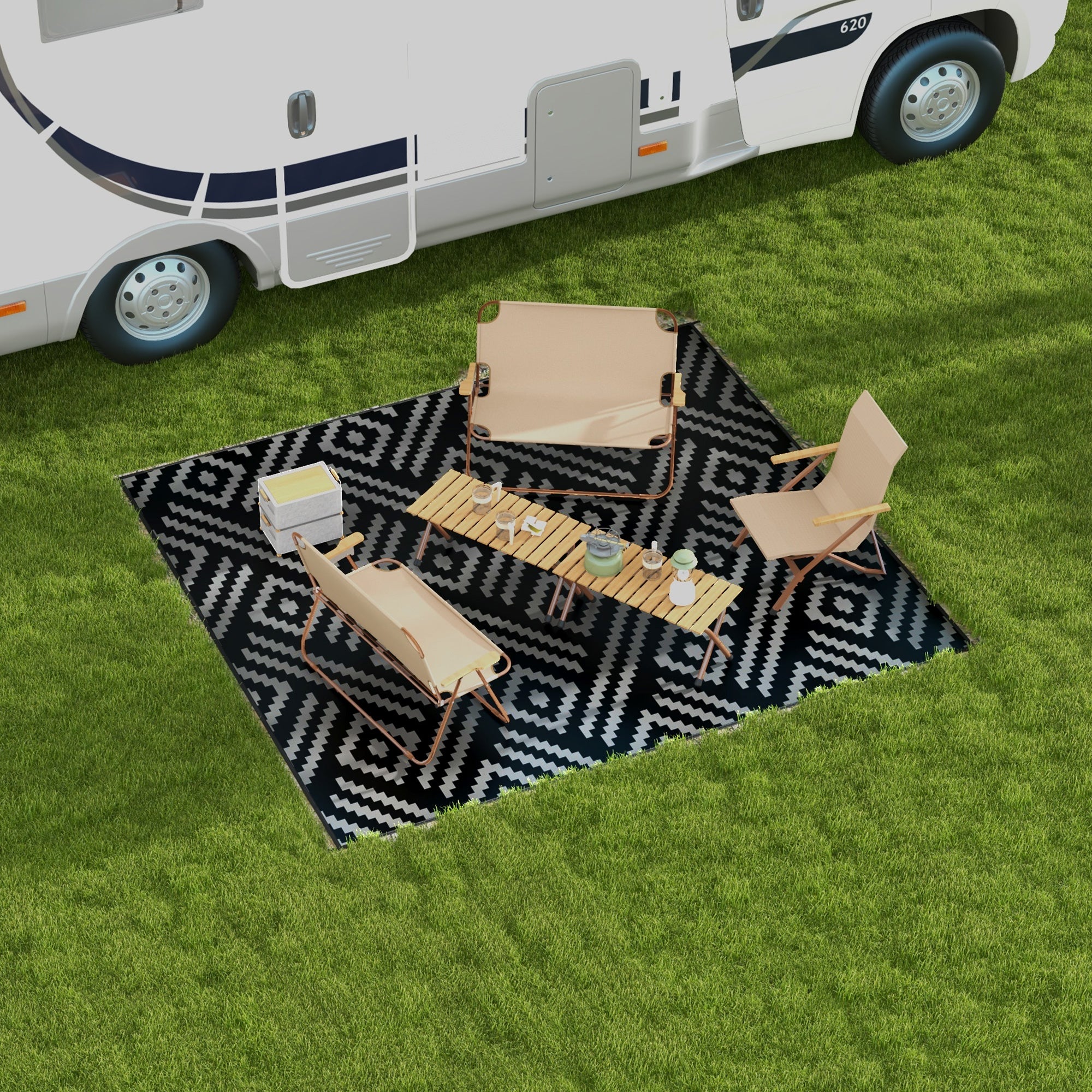 Reversible Outdoor Rug Waterproof Plastic Straw RV Rug with Carry Bag, 8' x 10', Black and Grey Geometric