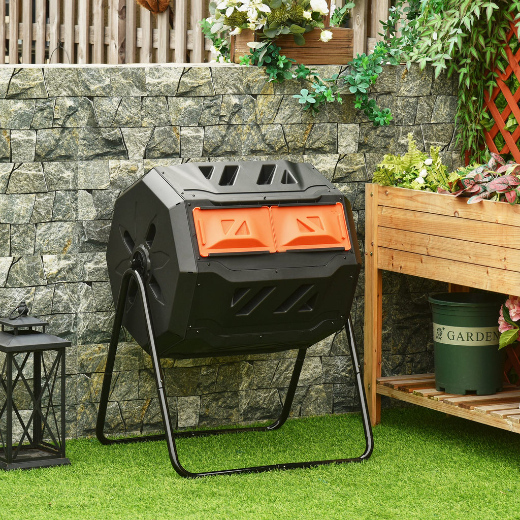 Tumbling Compost Bin Outdoor Dual Chamber 360Â° Rotating Composter 43 Gallon with Sliding Doors, Orange