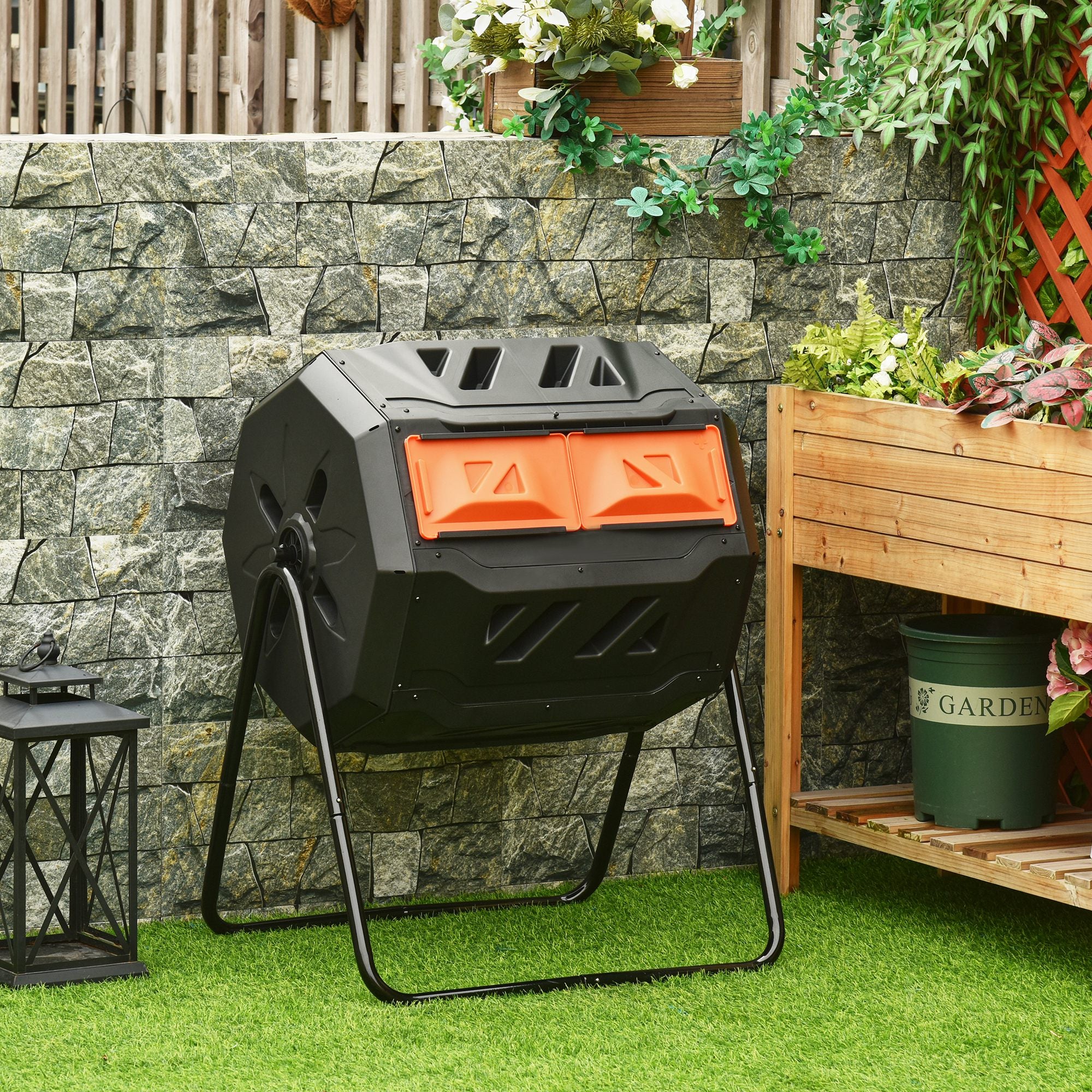 Tumbling Compost Bin Outdoor Dual Chamber 360Â° Rotating Composter 43 Gallon with Sliding Doors, Orange