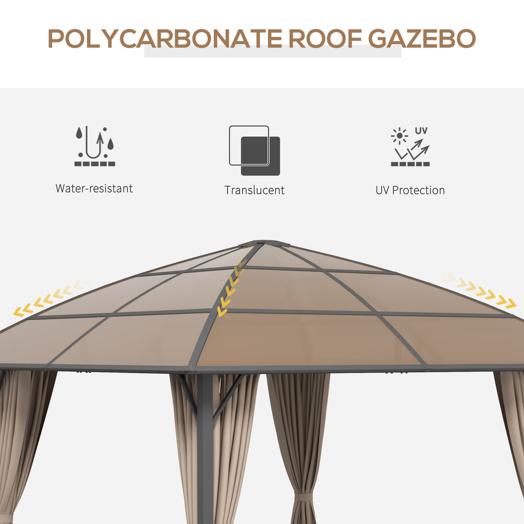 10' x 10' Outdoor Hardtop Gazebo Canopy withÂ UV60+ Polycarbonate Roof, Steel Frame, Central Hook,Â Curtains, Khaki