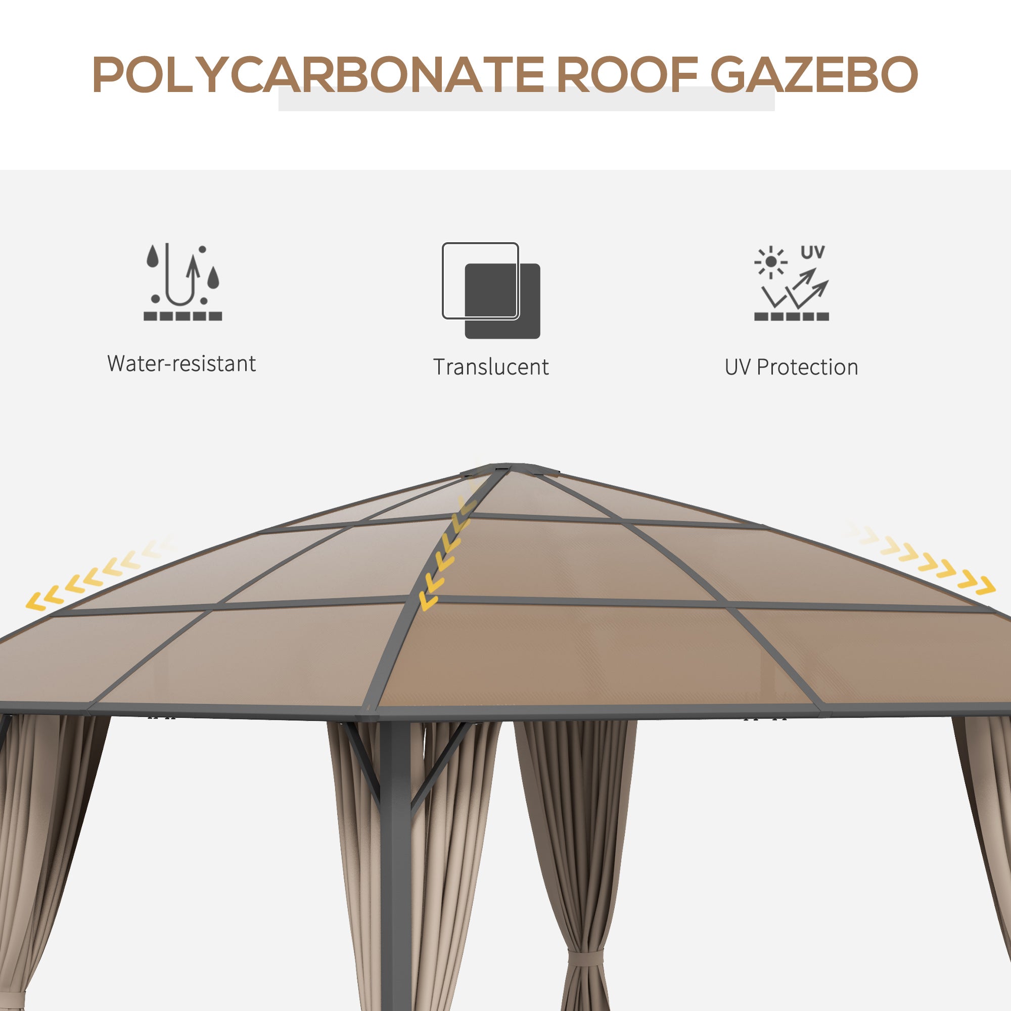 10' x 10' Outdoor Hardtop Gazebo Canopy withÂ UV60+ Polycarbonate Roof, Steel Frame, Central Hook,Â Curtains, Khaki