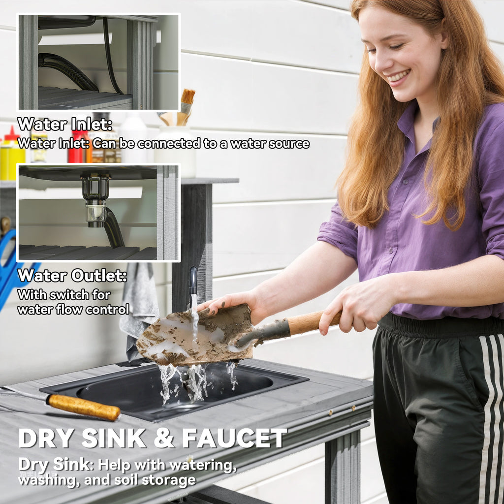 Outdoor Potting Bench Table with Faucet, Removable Sink, Hooks and Storage Shelves, Wood Work Bench Workstation, Grey