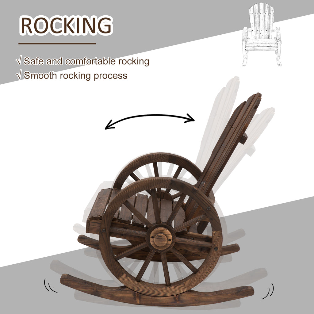 Patio Wooden Rocking Chair, Wagon Outdoor Rocker Chair with Slatted Design and Wheel Armrests for Garden, Carbonized