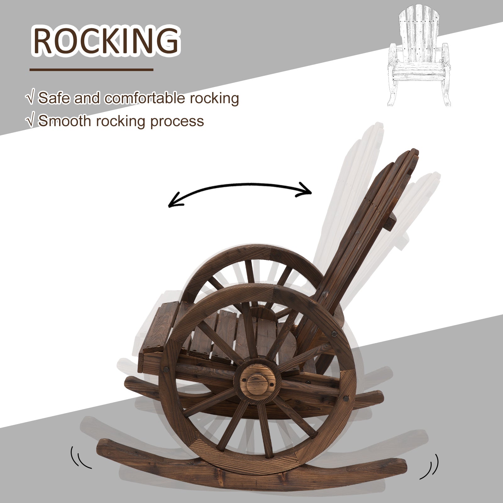 Patio Wooden Rocking Chair, Wagon Outdoor Rocker Chair with Slatted Design and Wheel Armrests for Garden, Carbonized