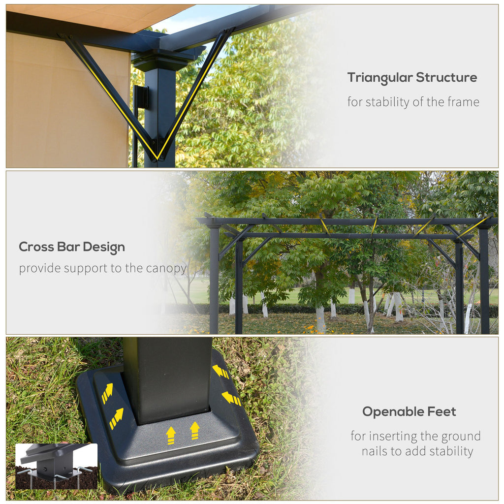 12' x 10' Outdoor Patio Gazebo Pergola with Retractable Canopy Roof, Steel Frame with Stakes, Unique Design, Beige