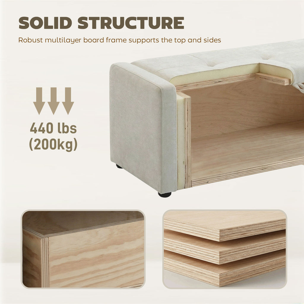 Storage Ottoman Bench, Linen-Look Fabric Upholstered Ottoman with Storage, Wide Padded Seat, Cream White