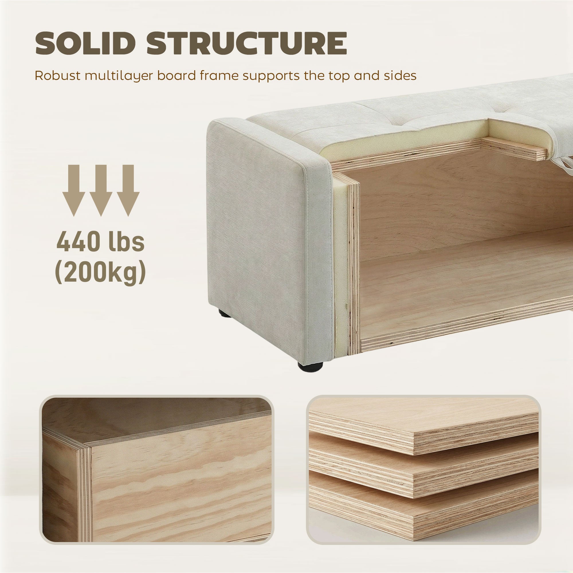 Storage Ottoman Bench, Linen-Look Fabric Upholstered Ottoman with Storage, Wide Padded Seat, Cream White