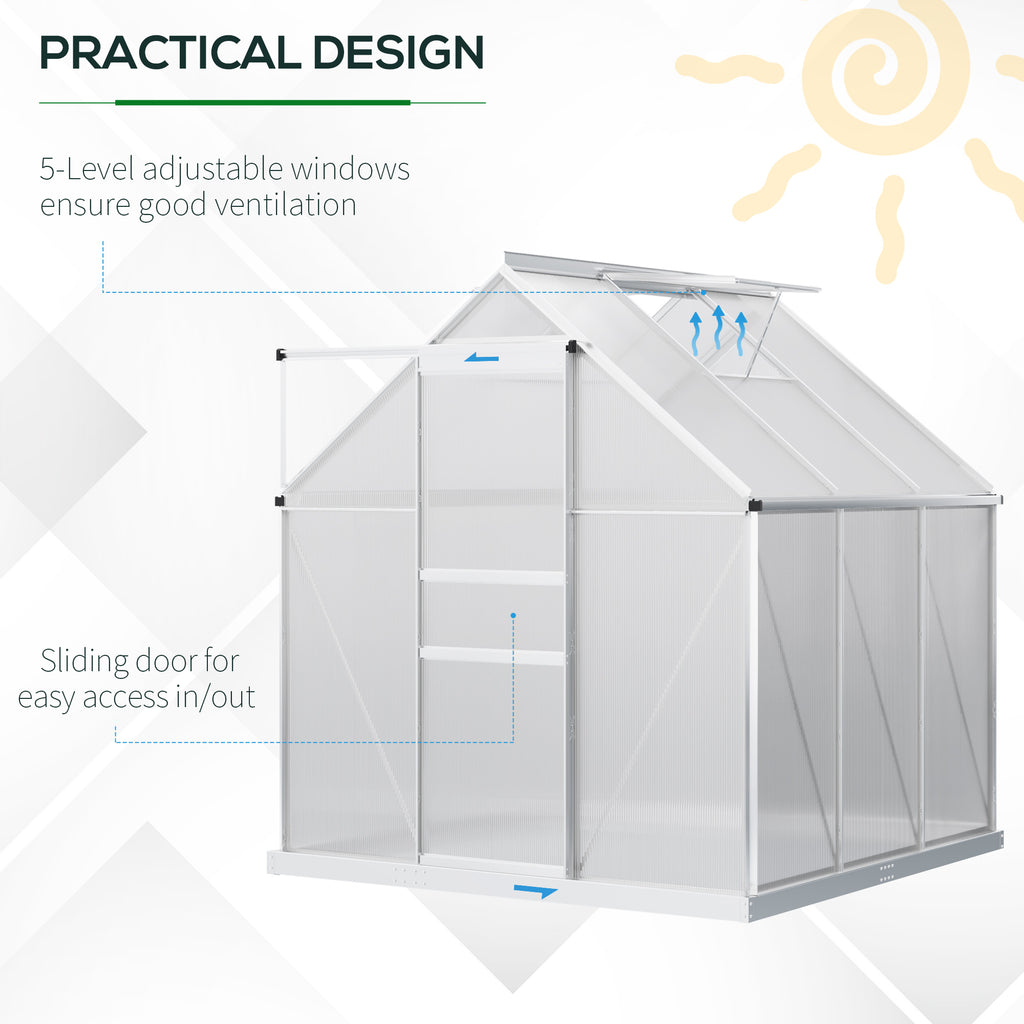 6' x 6' x 6.5' Polycarbonate Greenhouse, Walk-in Green House with Adjustable Roof Vent, Galvanized Base, Sliding Door and Rain Gutter for Outdoor, Garden, Backyard, Clear