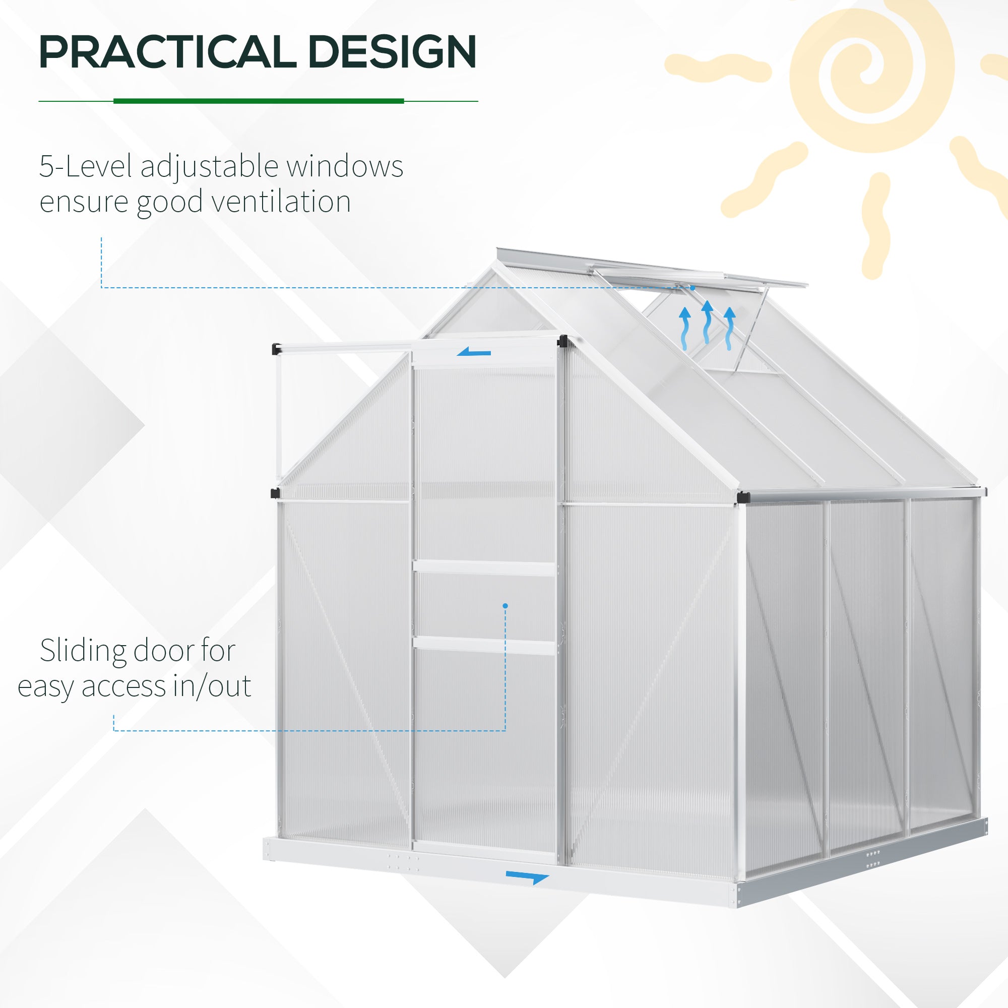 6' x 6' x 6.5' Polycarbonate Greenhouse, Walk-in Green House with Adjustable Roof Vent, Galvanized Base, Sliding Door and Rain Gutter for Outdoor, Garden, Backyard, Clear