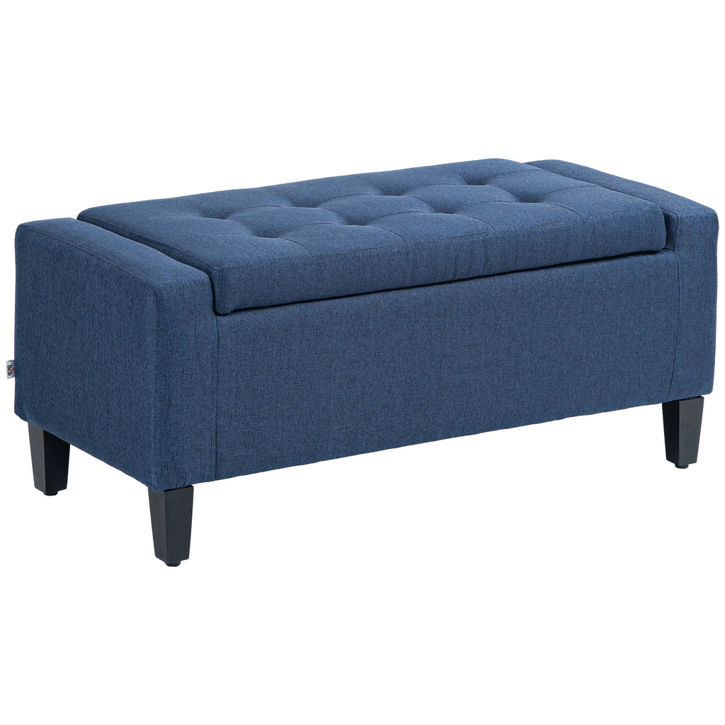 Storage Ottoman Bench, Linen Upholstered Bench with Tufted Design, Dark Blue