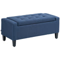 Storage Ottoman Bench, Linen Upholstered Bench with Tufted Design, Dark Blue