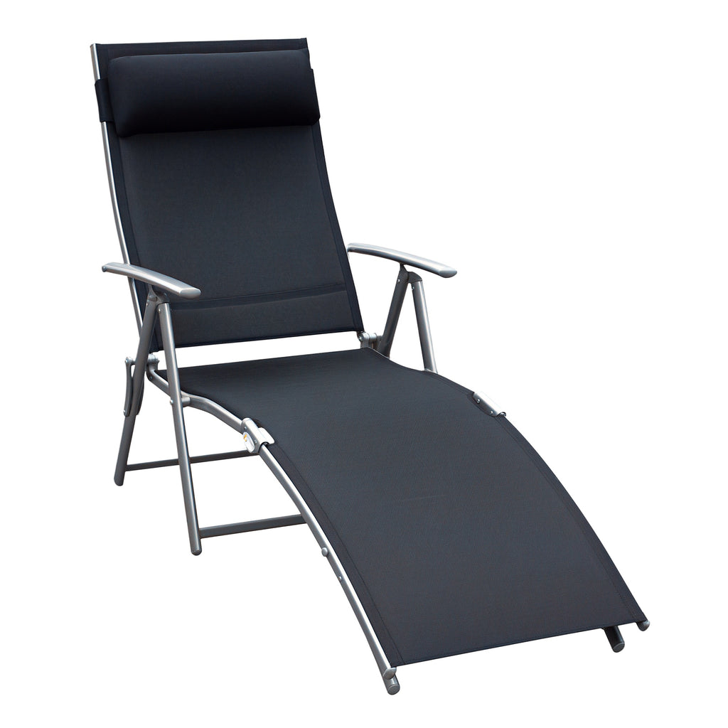 Heavy-duty Adjustable Folding Reclining Chair Outdoor Sun Lounger Patio Chaise Lounge Garden Beach Gravity Lounge with Pillow, 7 Adjustable Backrest Positions, Black