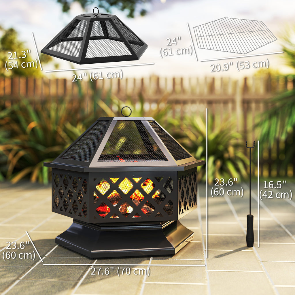 28" Outdoor Fire Pit Wood Burning Firepit with BBQ Grill, Spark Screen, Poker for Patio Backyard Camping Picnic Bonfire