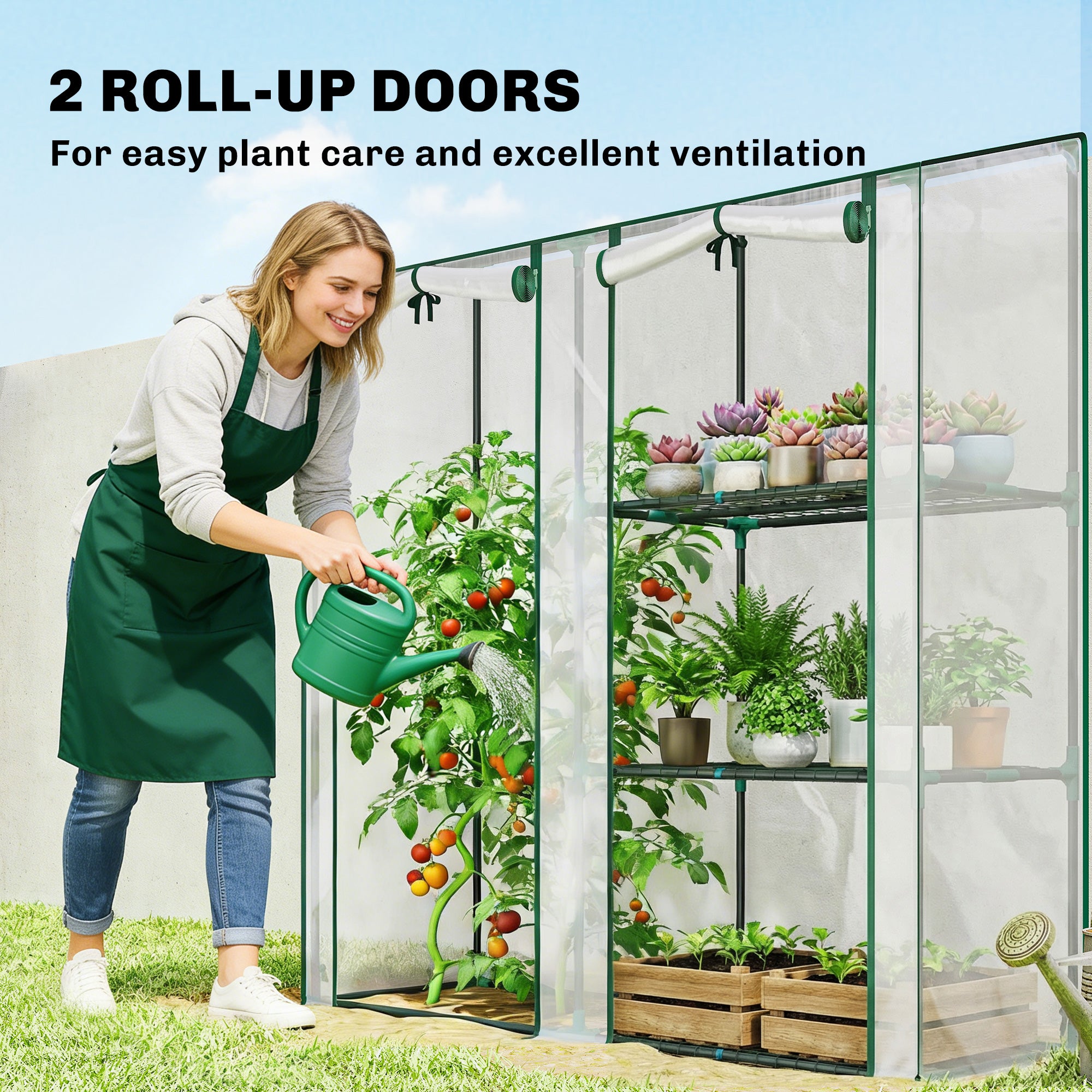Mini Greenhouse, Portable Greenhouse with 3 Shelves, 2 Roll-up Doors, 56.3" x 17.7" x 59.4", Clear