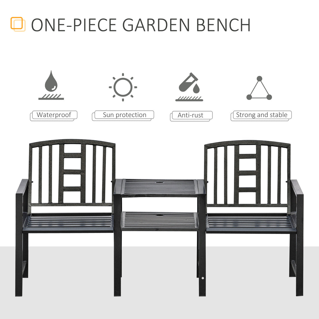Steel Garden Bench w/ Middle Table, Umbrella Hole, Double Seat for Outdoor, Patio, Backyard  Weather-Resistant Frame, Black
