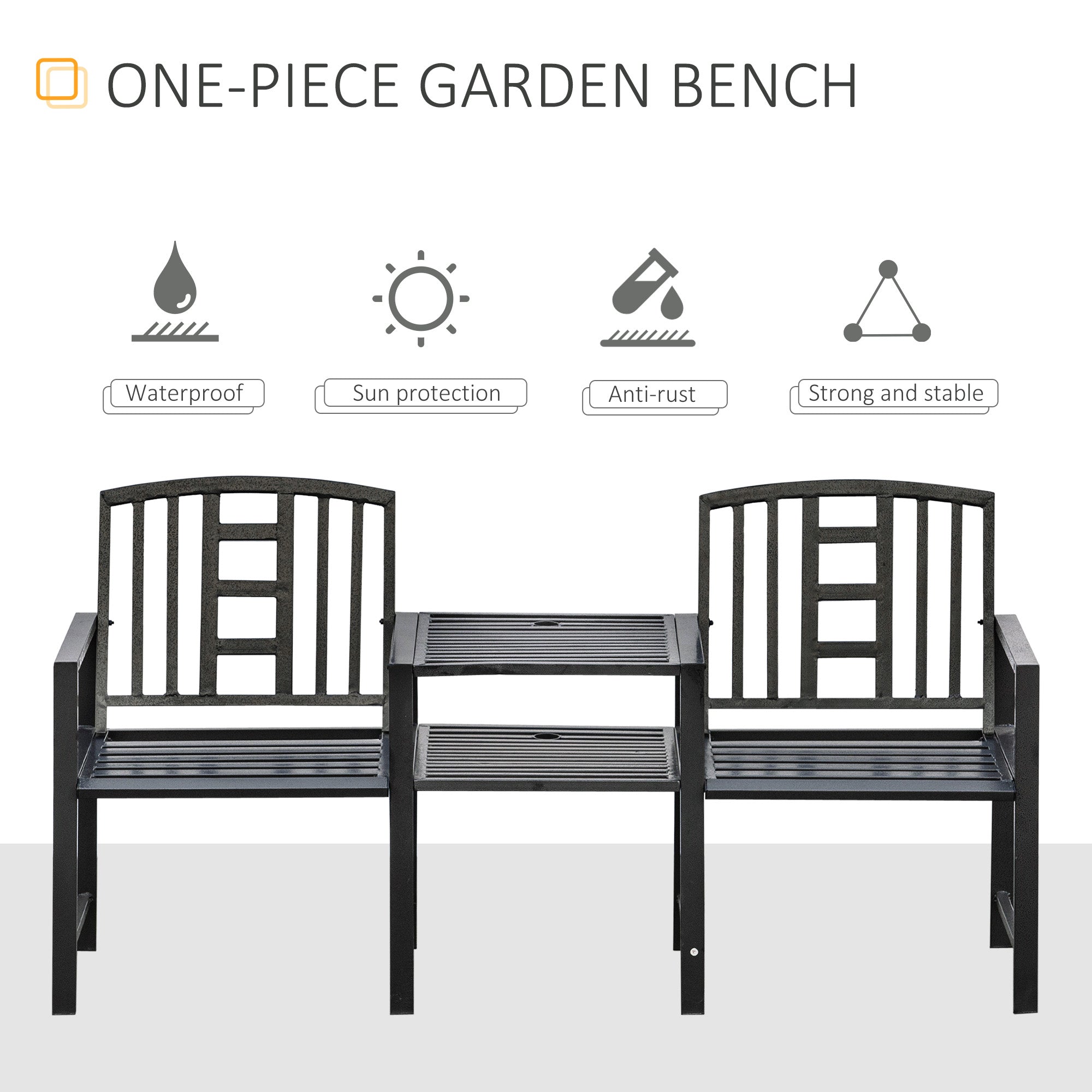 Steel Garden Bench w/ Middle Table, Umbrella Hole, Double Seat for Outdoor, Patio, Backyard  Weather-Resistant Frame, Black