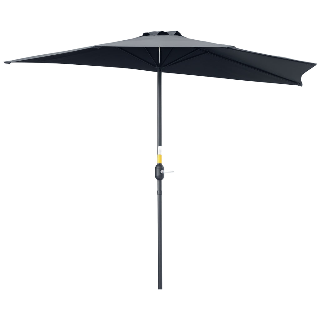 9ft Half Round Patio Umbrella, Outdoor Market Patio Table Umbrella Parasol with Crank Mechanism, 5 Ribs, Grey