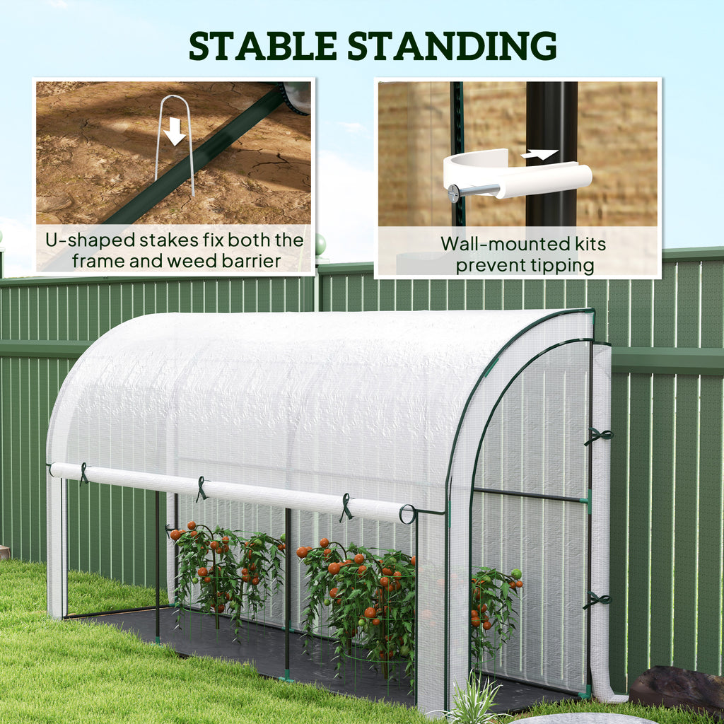 Walk-in Lean-to Greenhouse, Outdoor Gardening Green House with Zipper Roll-up Doors and Window, 10' x 3' x 5', White