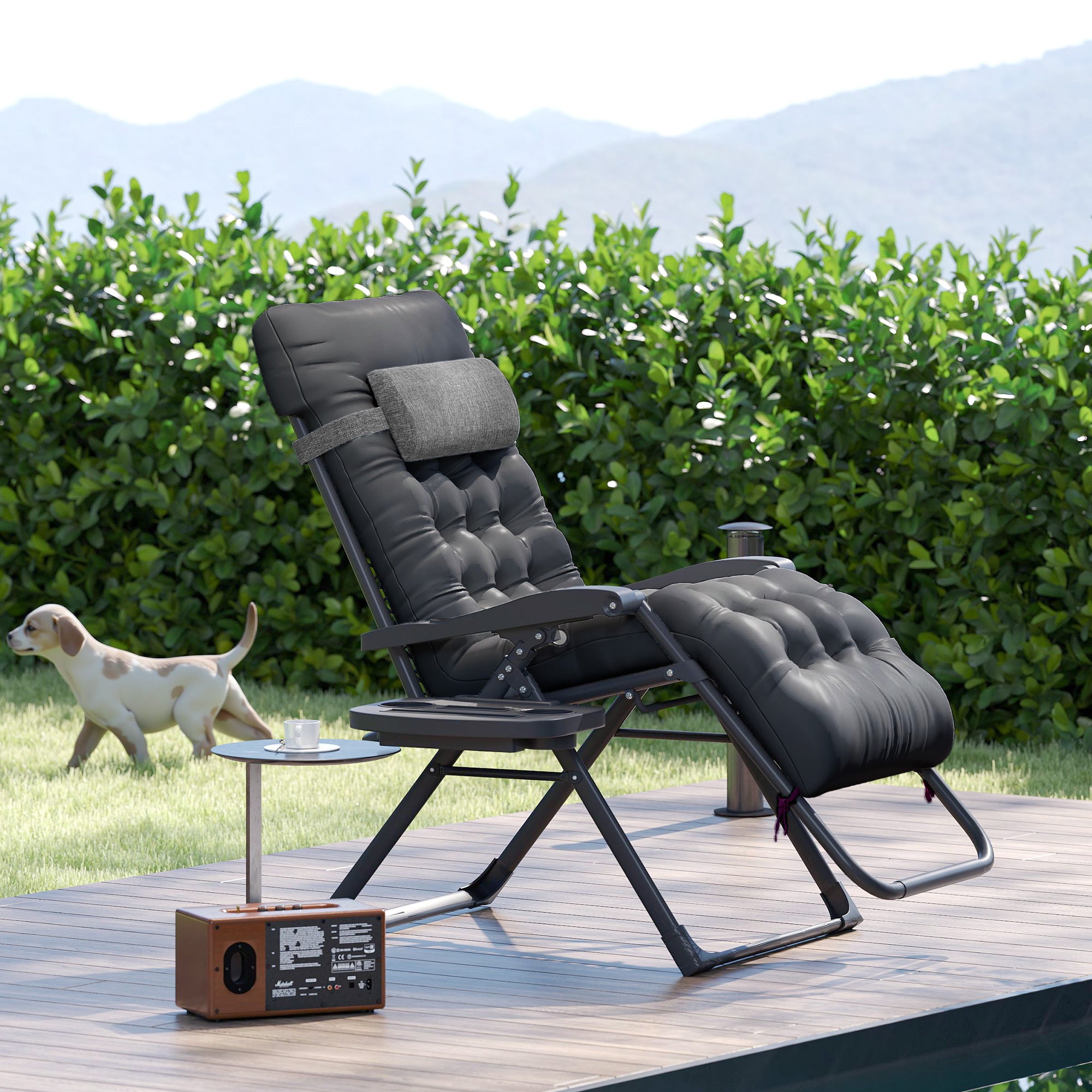 Padded Folding Recliner Chair, Patio Lounger with Cupholder, Adjustable Backrest, Removable Cushion, Black