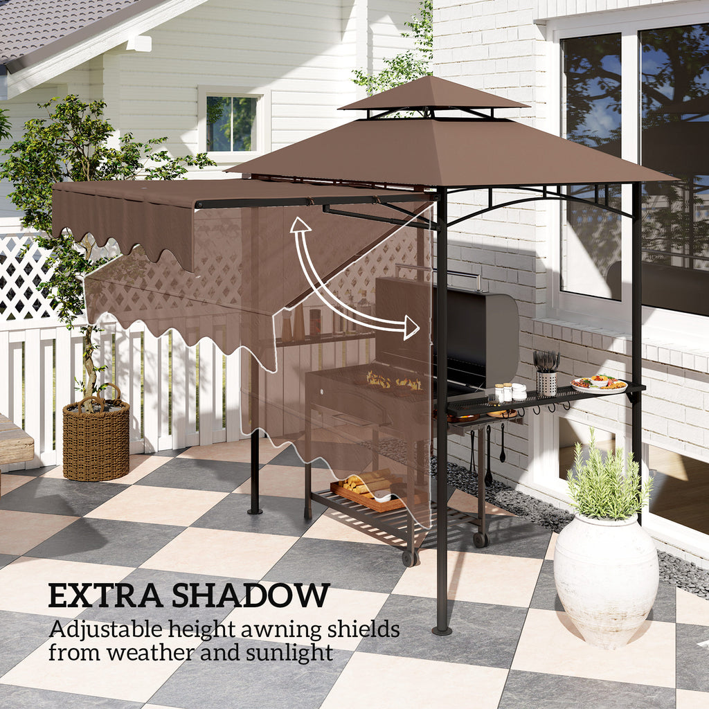 8' x 7.6' Grill Gazebo, Double Tiered Barbecue Grill Gazebo Shelter w/ Side Awning, 2 Side Shelves, 6 Hooks, Brown