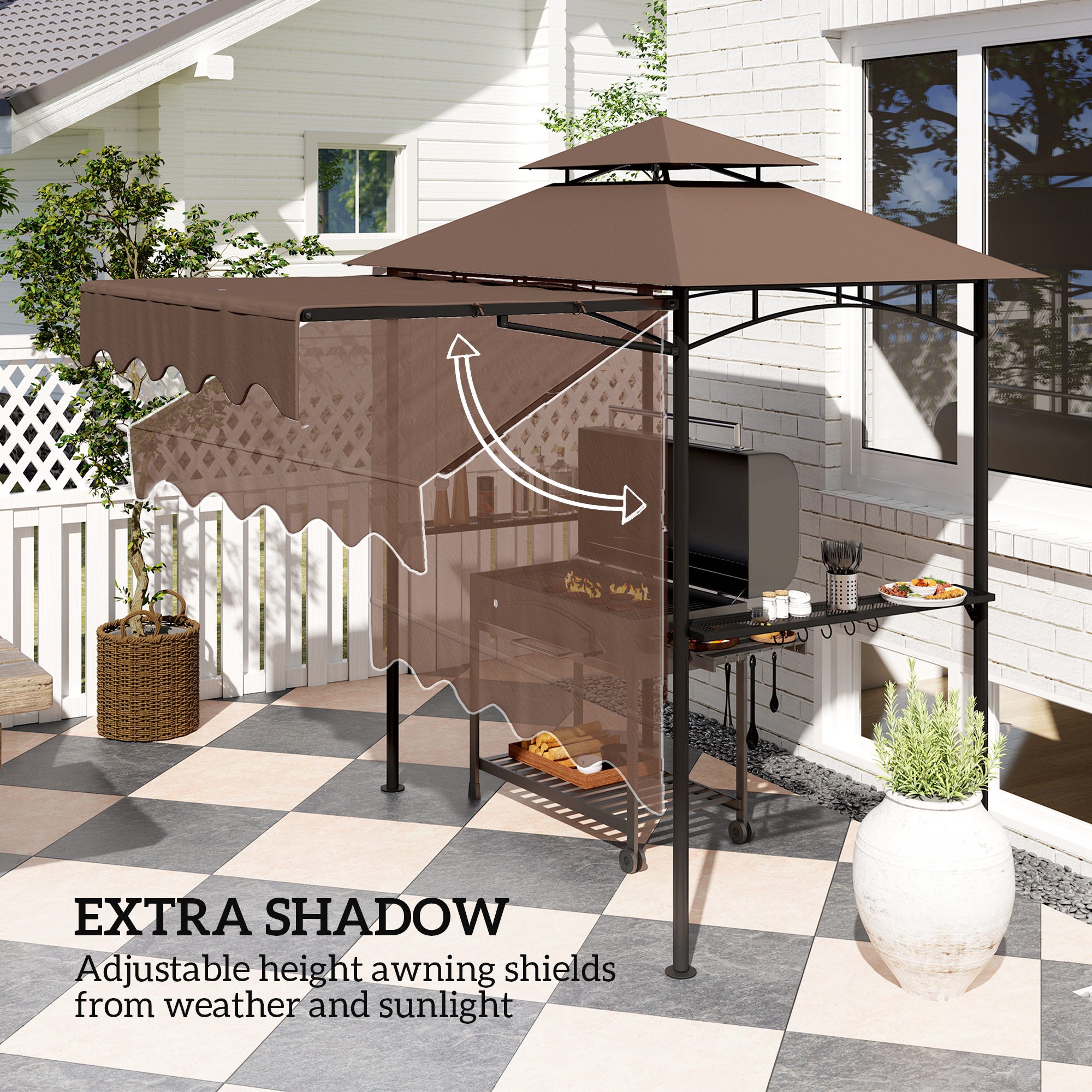 8' x 7.6' Grill Gazebo, Double Tiered Barbecue Grill Gazebo Shelter w/ Side Awning, 2 Side Shelves, 6 Hooks, Brown