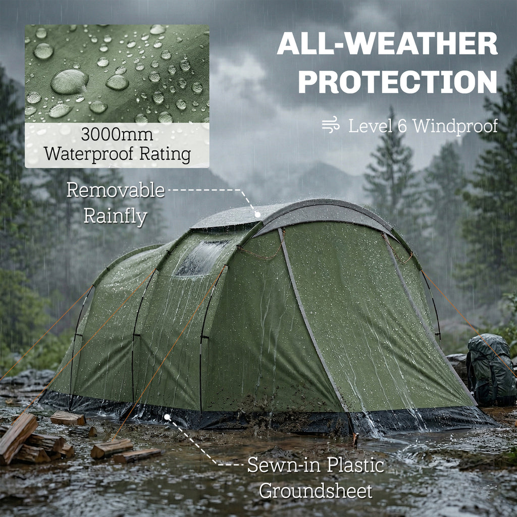 Camping Tent Waterproof Camping Tent with Two Room for 3-4 Person Waterproof, Green