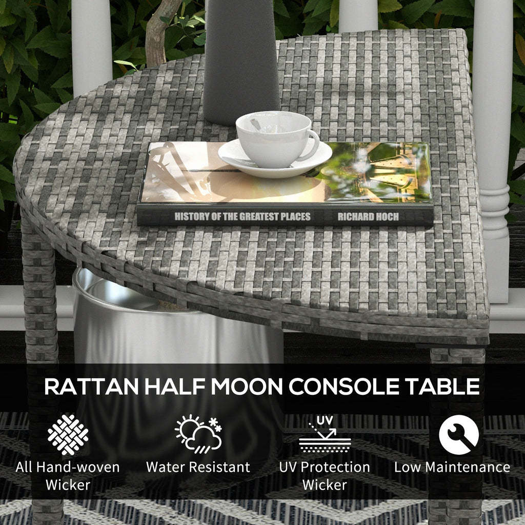 Half Round Side Table, PE Rattan Coffee Table with Metal Frame for Patio, Garden, Balcony, Grey