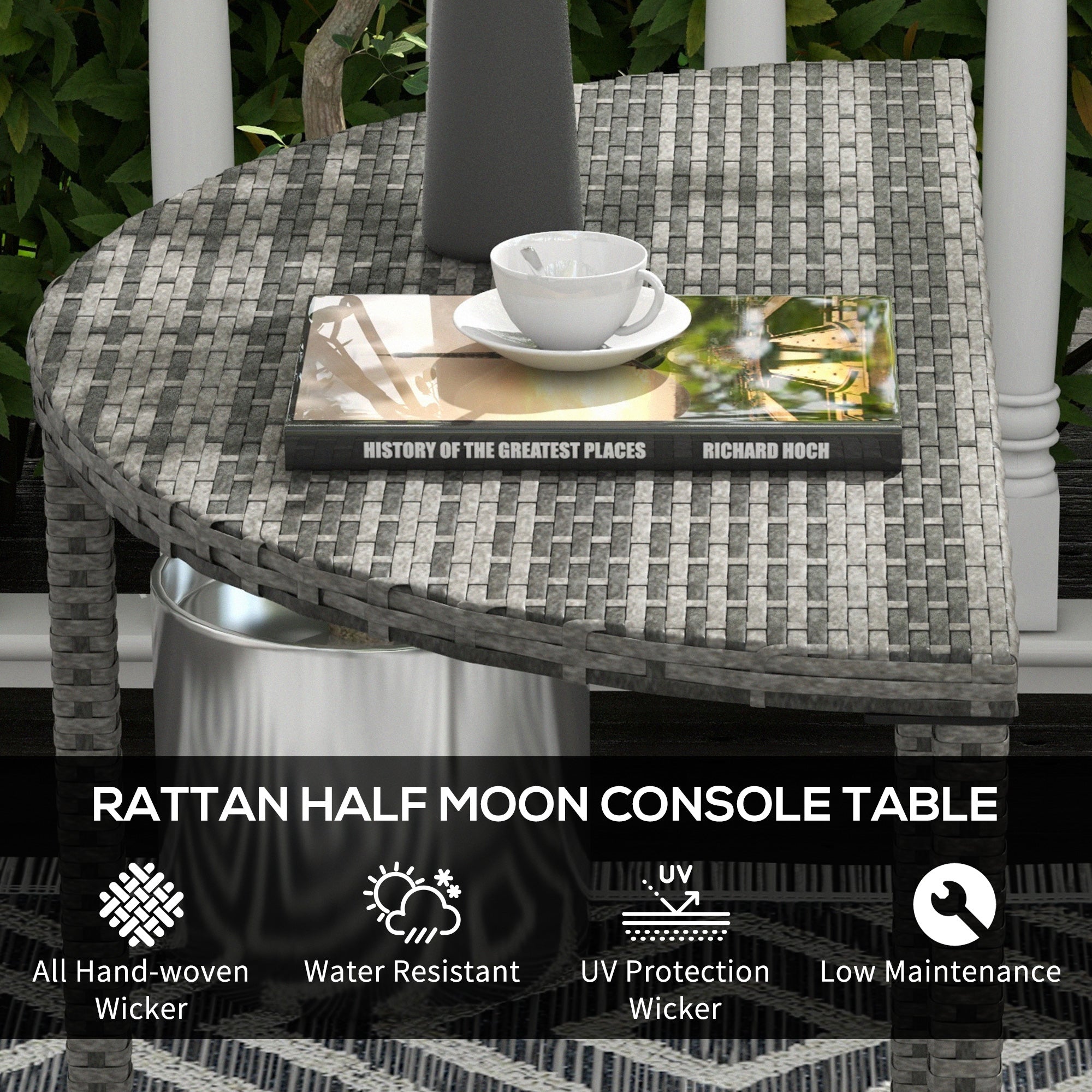 Half Round Side Table, PE Rattan Coffee Table with Metal Frame for Patio, Garden, Balcony, Grey