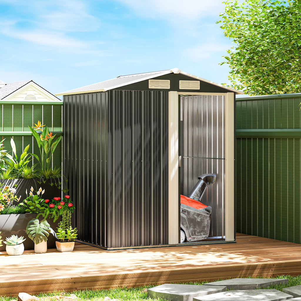 5ft x 4ft Garden Metal Storage Shed, Tool Storage Shed with Top Vents, Sliding Door, Sloped Roof and Foundation Kit for Garden, Patio, Lawn, Dark Grey