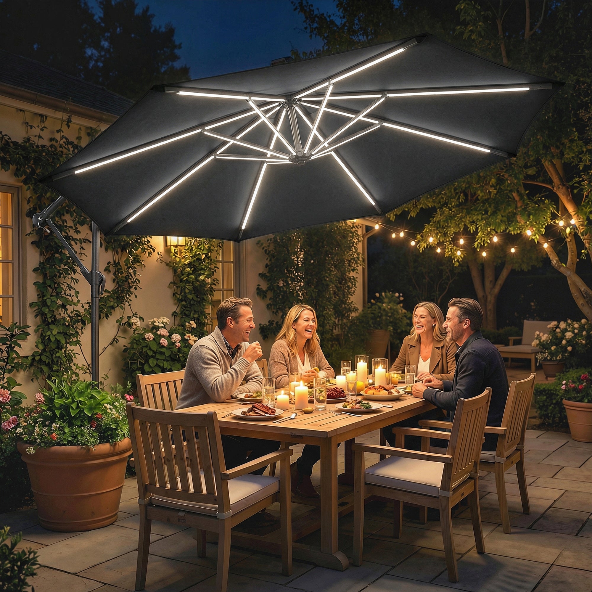10 ft Offset Patio Umbrella with Solar Light, Garden Hanging Parasol with 360Â° Rotation, Tilt, Cover, Black