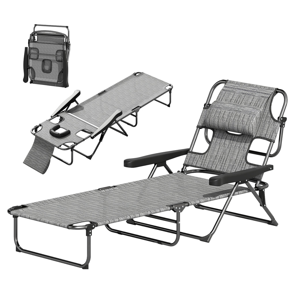 Folding Lounge Chair w/ Reclining Back, Mixed Grey