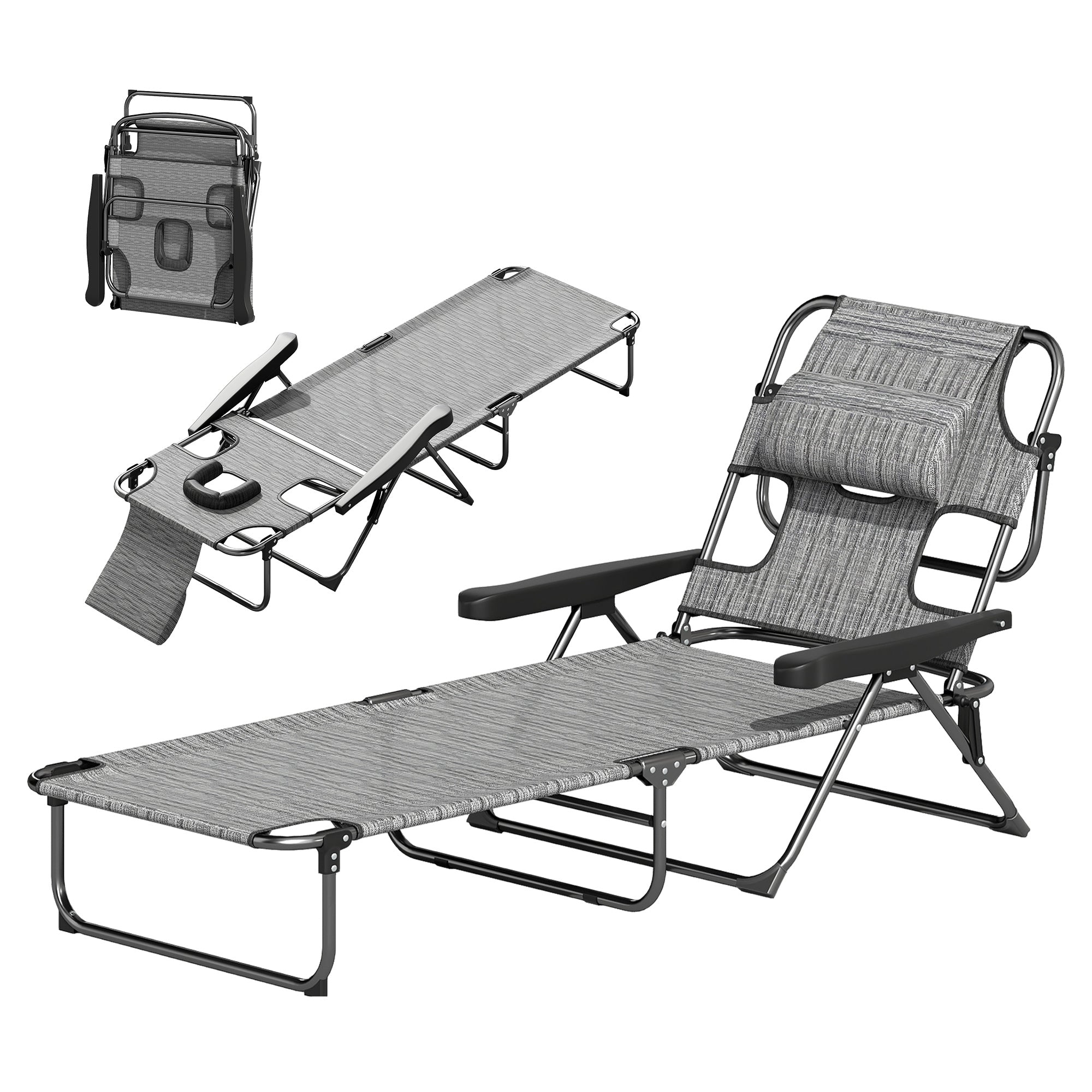 Folding Lounge Chair w/ Reclining Back, Mixed Grey