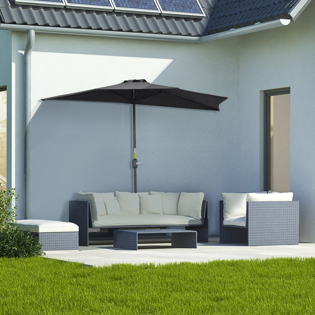 9.8ft Half Umbrella Semi Round Patio Parasol with Crank Handle, Top Vent for Garden, Balcony- NO BASE INCLUDED, Black