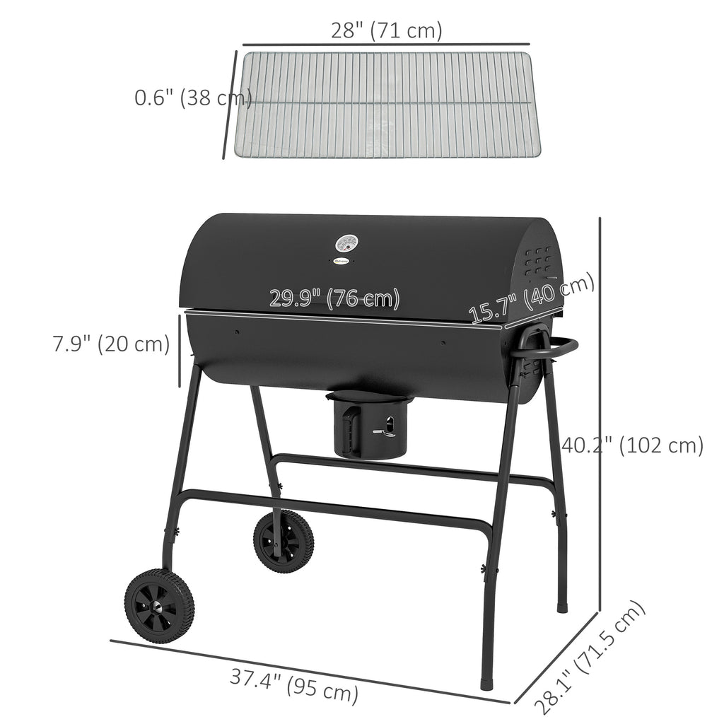Barrel Charcoal BBQ Smoker, Barbecue with 420 sq.in. Cooking Area, Wheels, Ash Catcher, Black