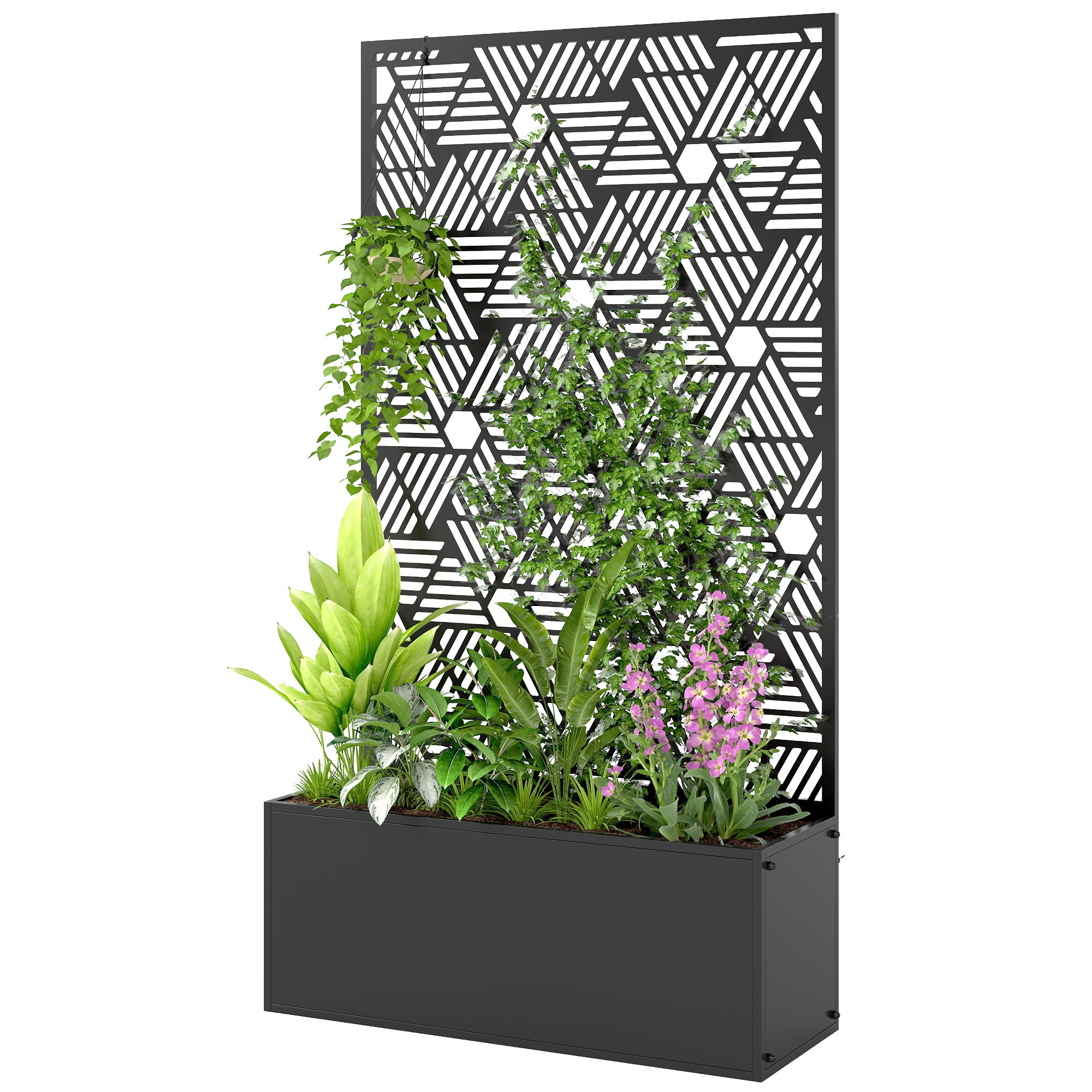 Metal Planter Box with Trellis, 44.5" Tall Raised Garden Bed with Privacy Screen, Hexagon and Line Cut-Out