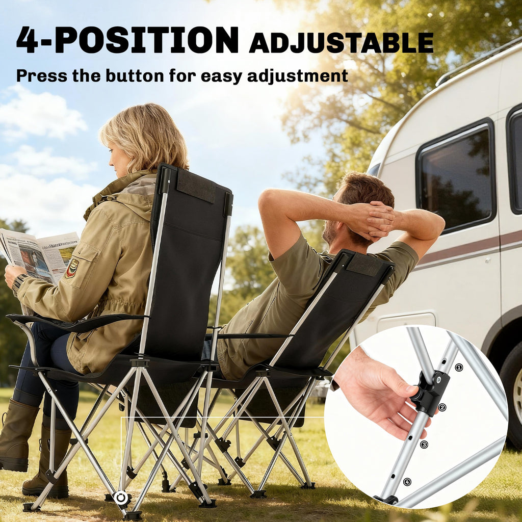 Set of 2 Reclining Camping Chair with Foot Rest, Folding Camping Chair w/ Headrest, Cup Holder, Storage Bag, Black