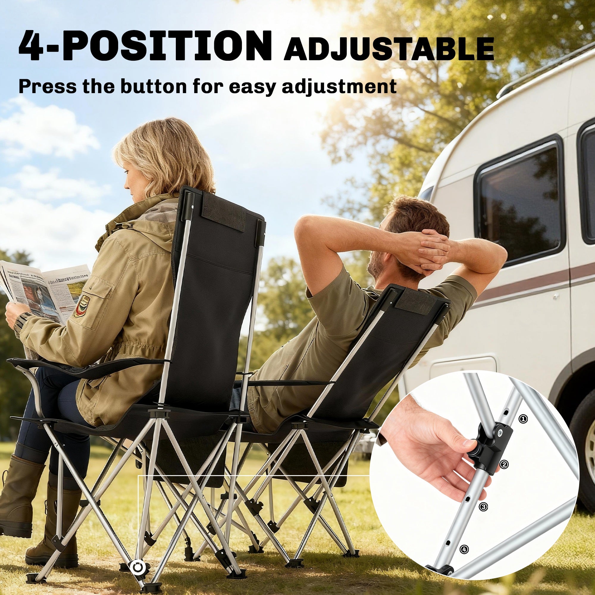 Set of 2 Reclining Camping Chair with Foot Rest, Folding Camping Chair w/ Headrest, Cup Holder, Storage Bag, Black
