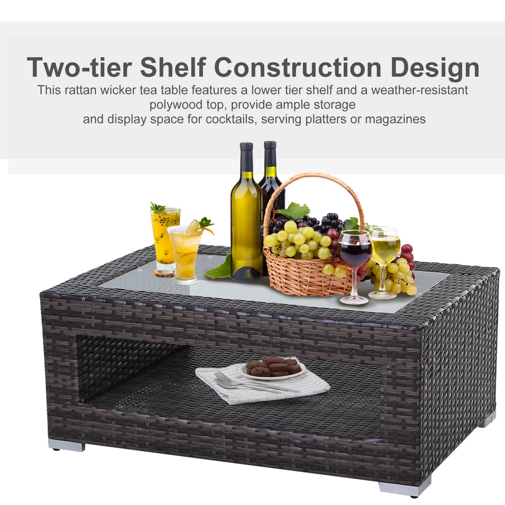 2-Tier Rattan Patio Coffee Table Wicker Patio Tea End Desk with Tempered Glass Top & Storage for Balcony, Backyard, Poolside