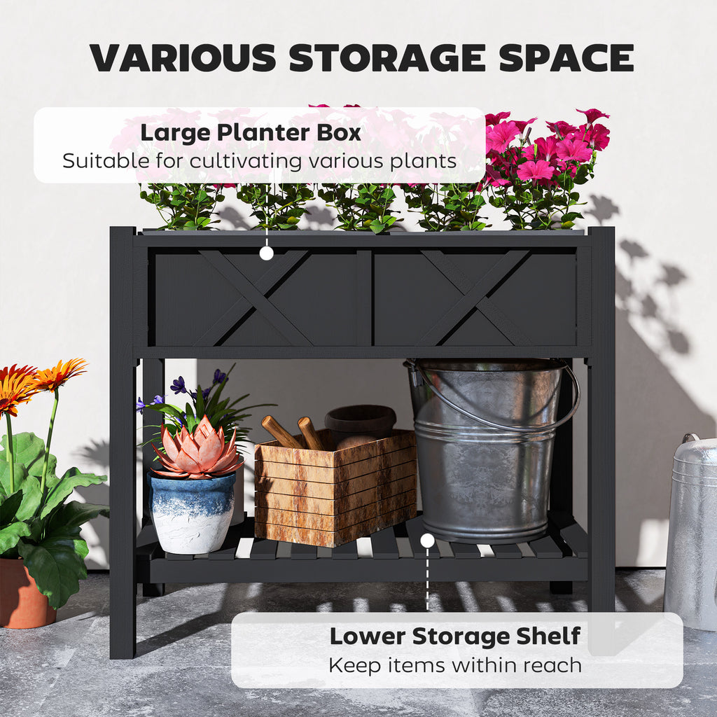 Wooden Raised Garden Bed, Elevated Planter Box with Storage Shelf, Drainage Holes and Liner, 34" x 18" x 30", Black