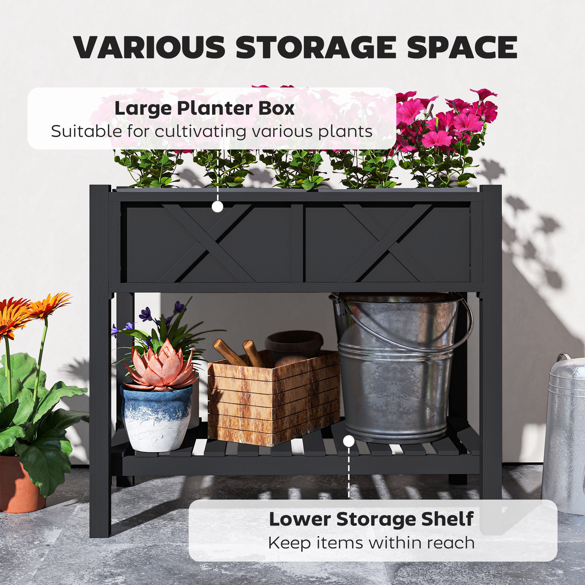 Wooden Raised Garden Bed, Elevated Planter Box with Storage Shelf, Drainage Holes and Liner, 34" x 18" x 30", Black