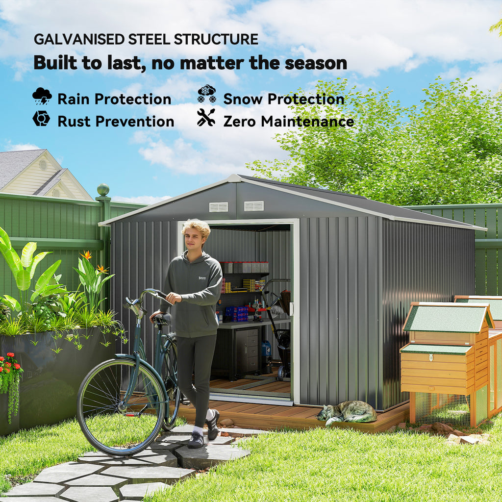 9' x 10.6' Garden Storage Shed w/ Foundation Kit Metal Tool Storage House w/ Double Doors Light Grey