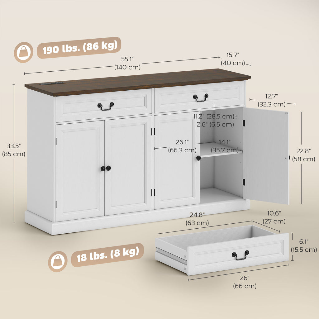 Buffet Cabinet, 55" Farmhouse Sideboard with Charging Station, 2 Drawers and 2 Adjustable Shelves, White Wood Grain